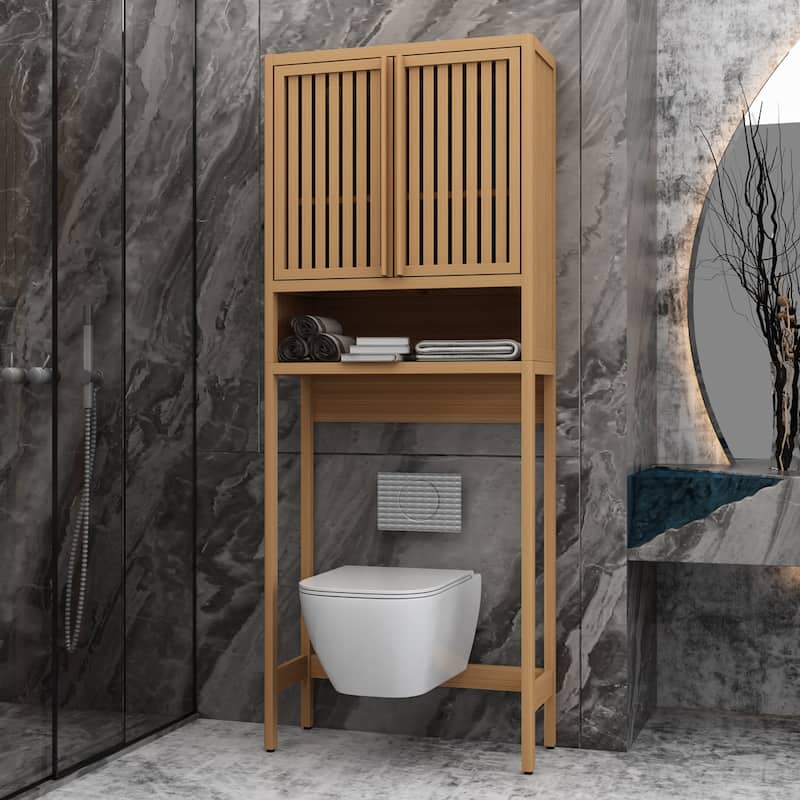 Bamboo Over The Toilet Storage Cabinet with Shelf and Double Doors - Natural