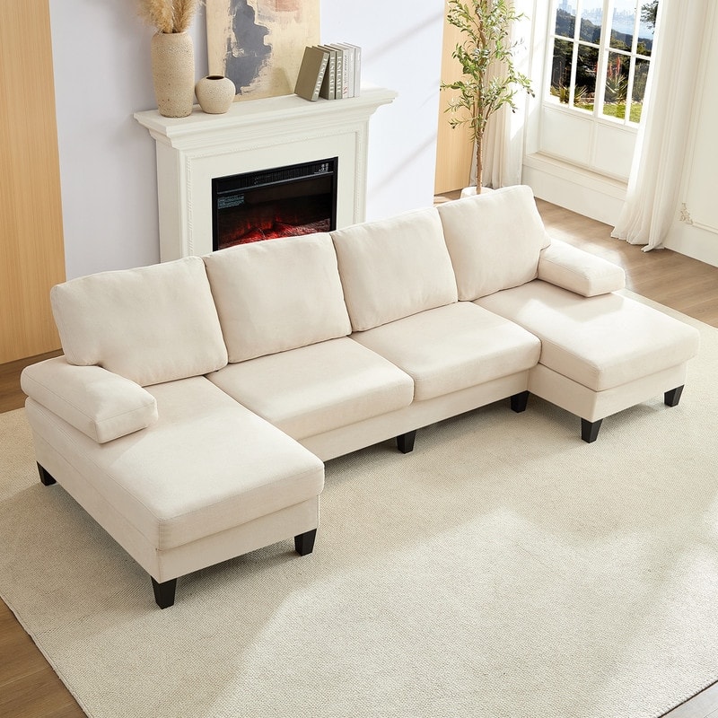 Mixoy W110"Velvet U-Shaped Sectional Sofa Couches,Upholstered 4-Seater Sofa with Double Chaises and Sleepable Armrest - Beige - Symmetrical