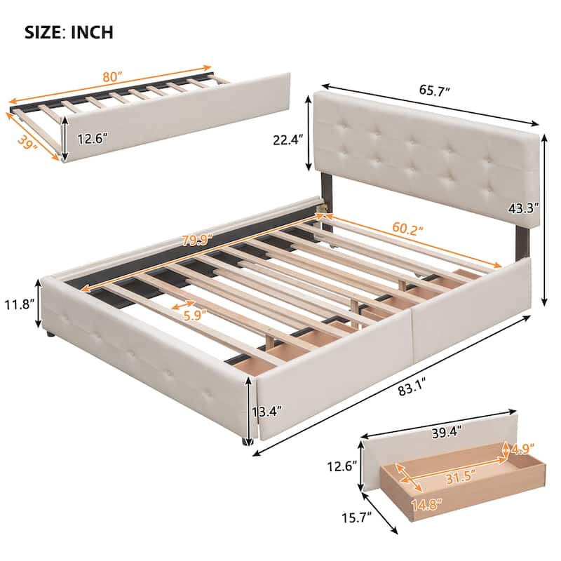 Linen Upholstered Bed Queen Size Platform Bed with Drawers and Twin XL Trundle
