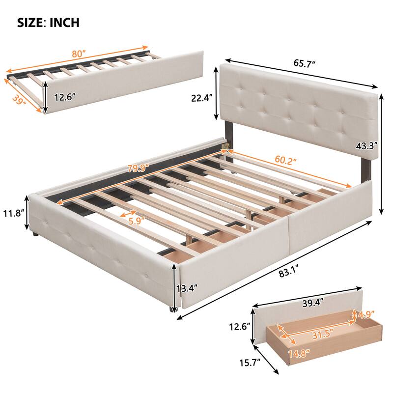 Upholstered Platform Bed with 2 Drawers and Twin XL Trundle, Linen Fabric, Queen Size