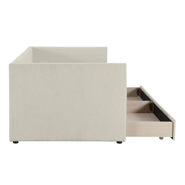 slide 2 of 9, Twin Size Beige Corduroy Accent Daybed Sofa Bed Dual Storage Drawers & Wood Slat Modern Design Beige