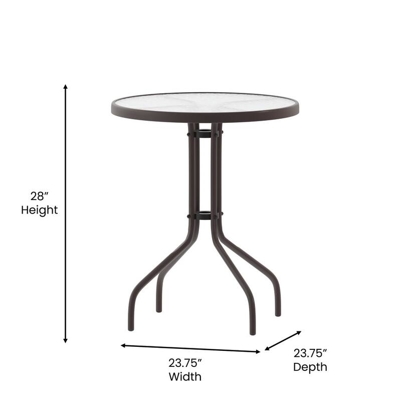 23.75" Round Glass Metal Table with 2 Metal Aluminum Slat Stack Chairs