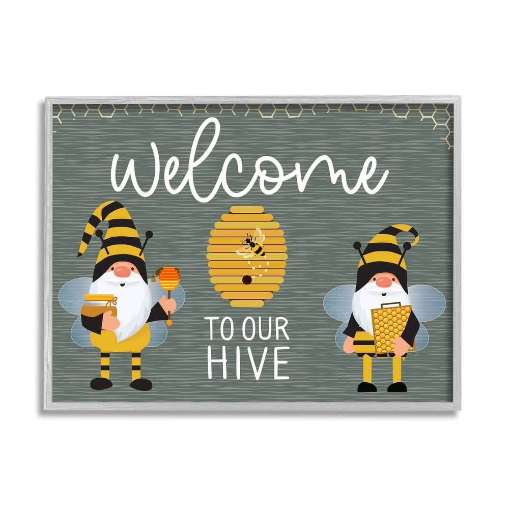 Stupell Welcome To Our Hive Honey Bee Garden Gnomes Typography Framed Wall Art - Grey
