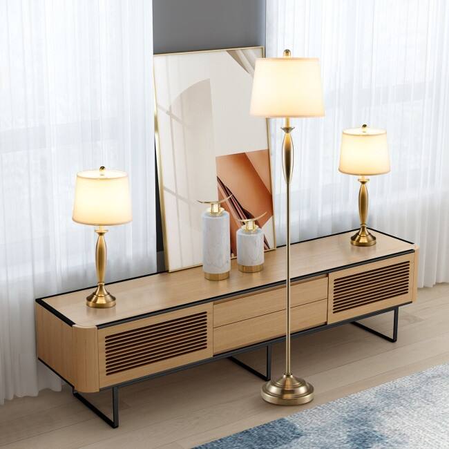 3-Piece Modern Nickel Finish Lamp Set-Silver - 11.5" x 11.5" x 28" (L x W x H)