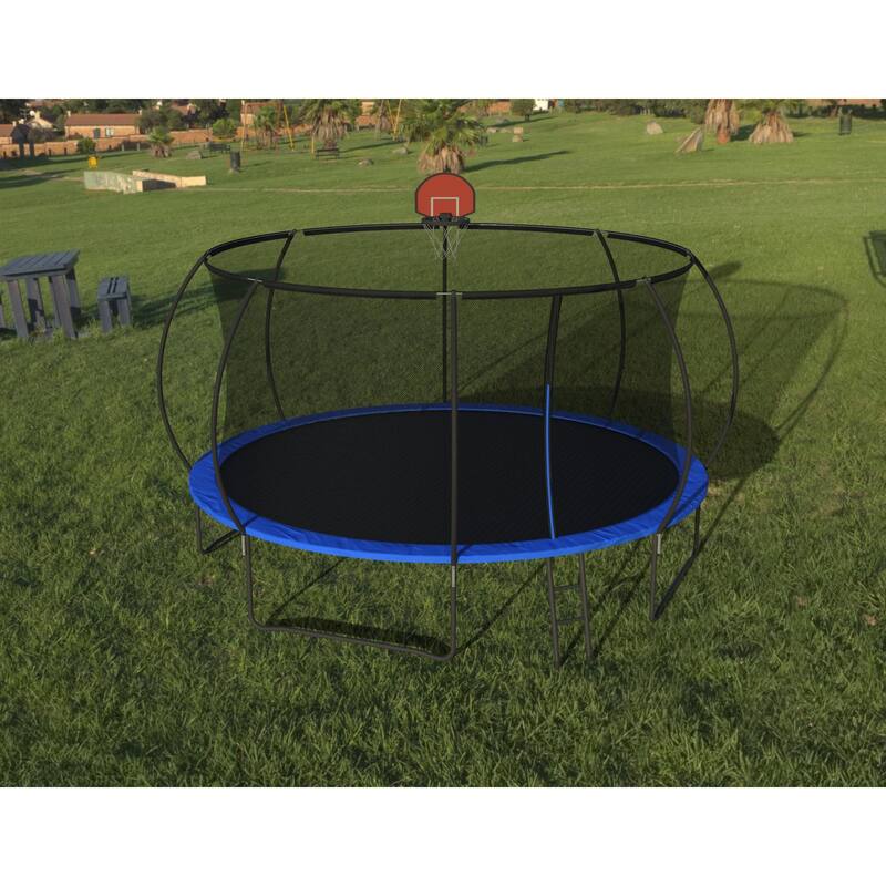 14 foot trampoline with safety fence - Outdoor backyard bouncing mat, including ladder and basketball board (including ball)