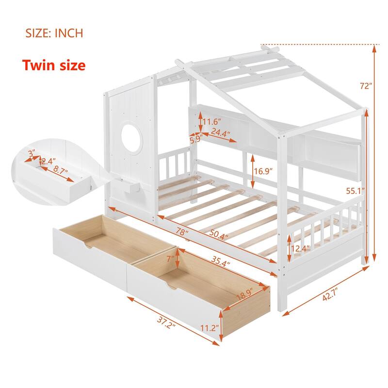 House Bed with 2 Drawers and Storage Shelf