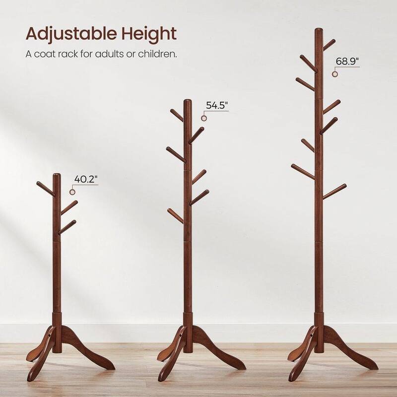 Solid Wood Modern Coat Rack, 8 Hooks, 53 lb Capacity, Adjustable 3-Section Design with Triangular Base