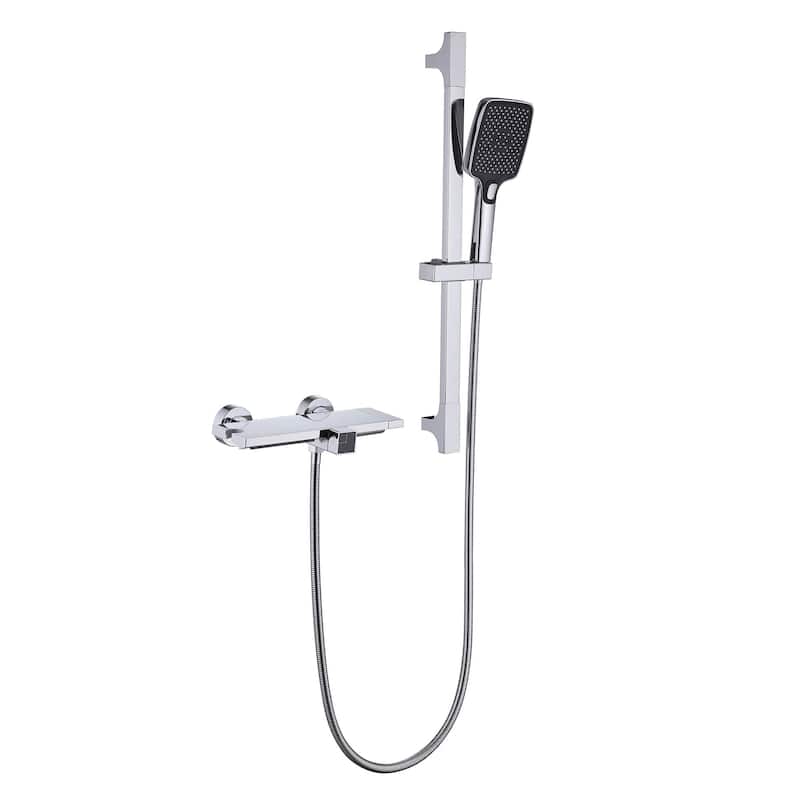 Wall Mount Tub Faucet with Hand Shower Brass Waterfall Tub Filler with Slide Bar Bahttub Faucetwith Valve - Polished Chrome