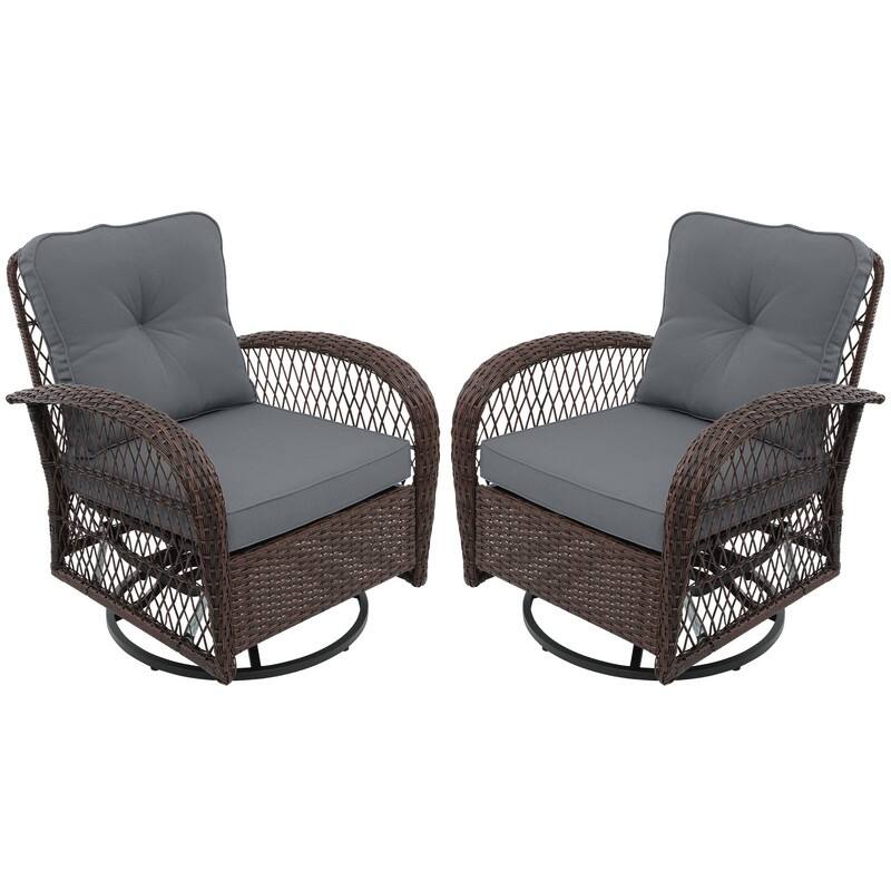 Patio Watcher 2-Piece Outdoor Brown Rattan 360 Degree Swing Patio Conversation Chair Set with Cushions - Dark Gray