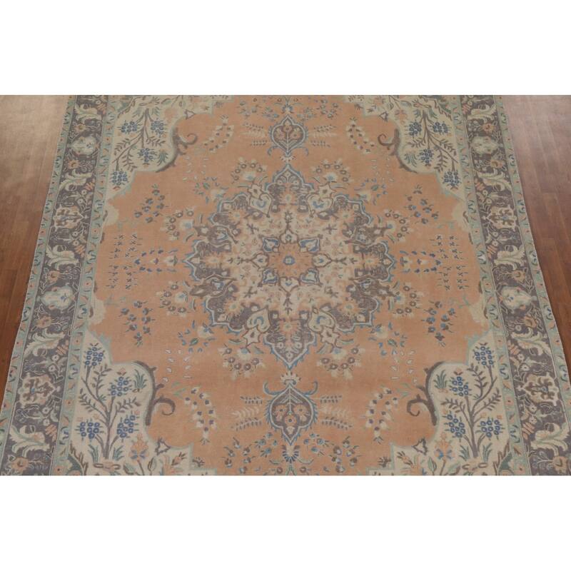 Hand Knotted Oriental 100% Wool Carpet Traditional Floral Peach Tabriz Area Rug - 13' 1'' X 9' 4''