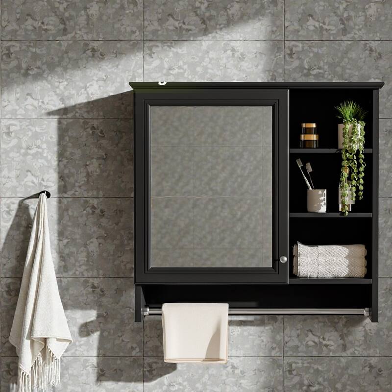 30 Inch Wall Mounted Bathroom Mirror Medicine Cabinet with Adjustable Shelf, Soft Close Hinges, MDF Storage - Black