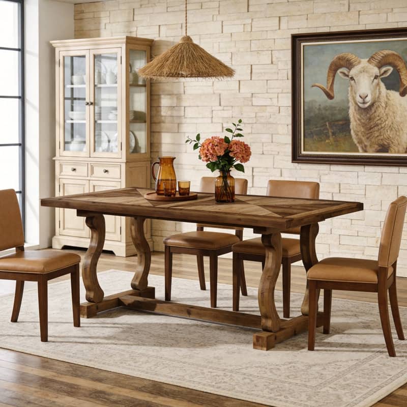 63" Solid Wood Dining Table for 4-6, Diamond Parquetry Top and S-Scroll Legs