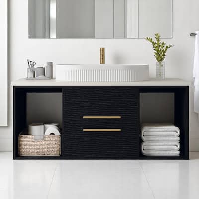 Modern Wall-Mounted Bathroom Vanity with Oval Ceramic Sink, Solid Wood Floating Cabinet, Soft-Close Storage