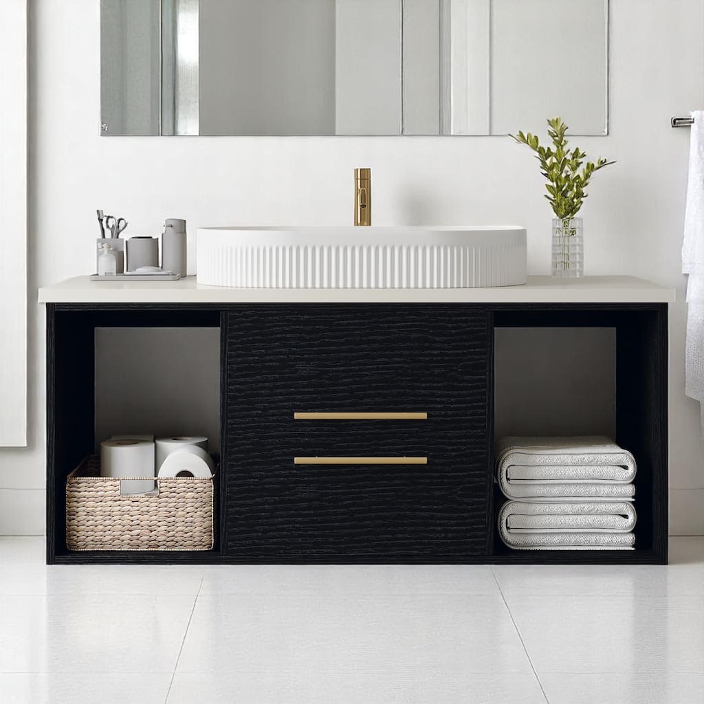 Modern Wall-Mounted Bathroom Vanity with Oval Ceramic Sink, Solid Wood Floating Cabinet, Soft-Close Storage