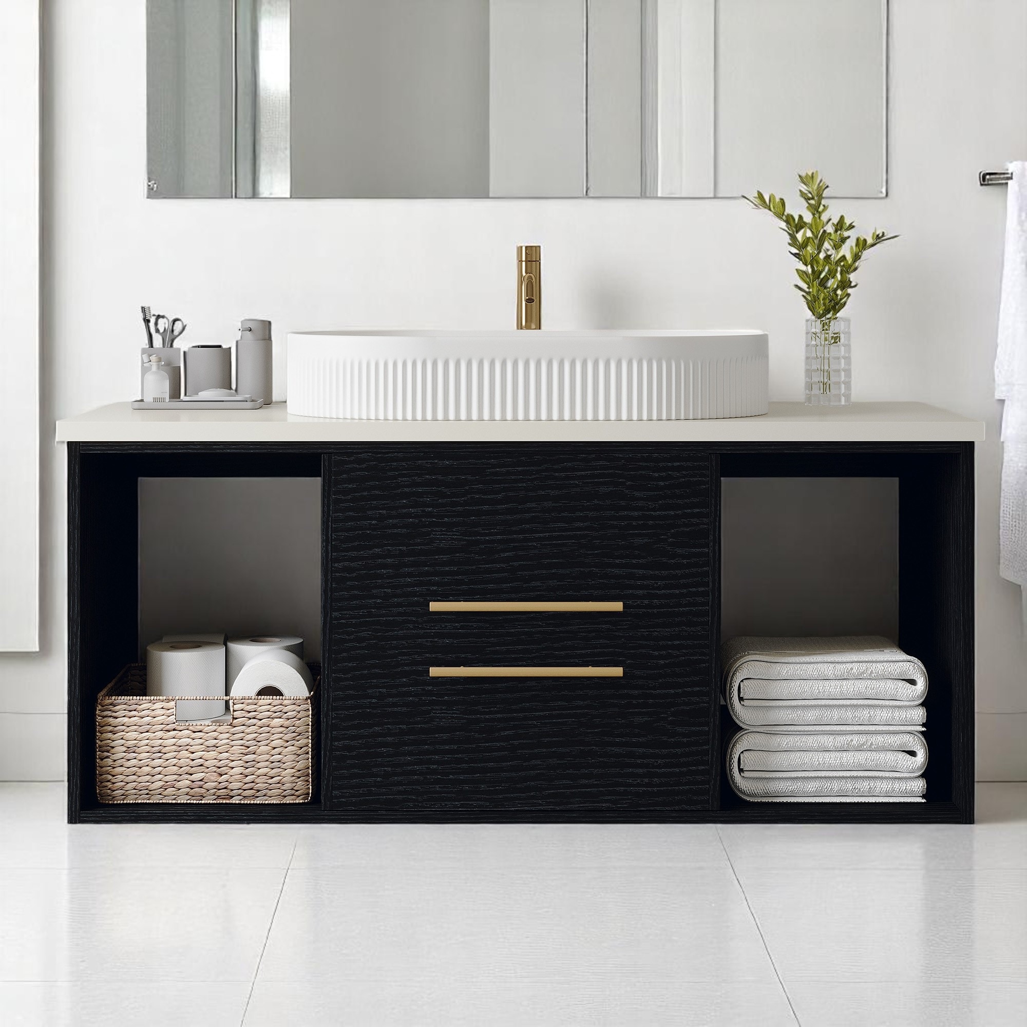 Modern Wall-Mounted Bathroom Vanity with Oval Ceramic Sink, Solid Wood Floating Cabinet, Soft-Close Storage
