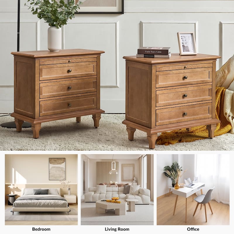 Muriel Farmhouse 3 Drawers Nightstand with Built-In Outlets by HULALA HOME