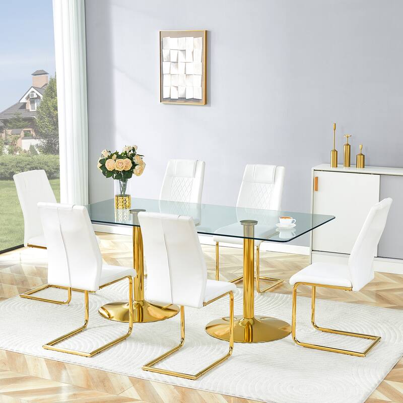 Rectangular Dining Table Set for 6-8 People, Modern Glass Table with Faux Leather Chairs