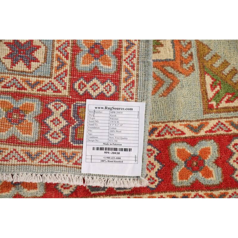 Geometric Blue Kazak Foyer Rug Hand-Knotted Wool Carpet - 2'10"x 4'3"