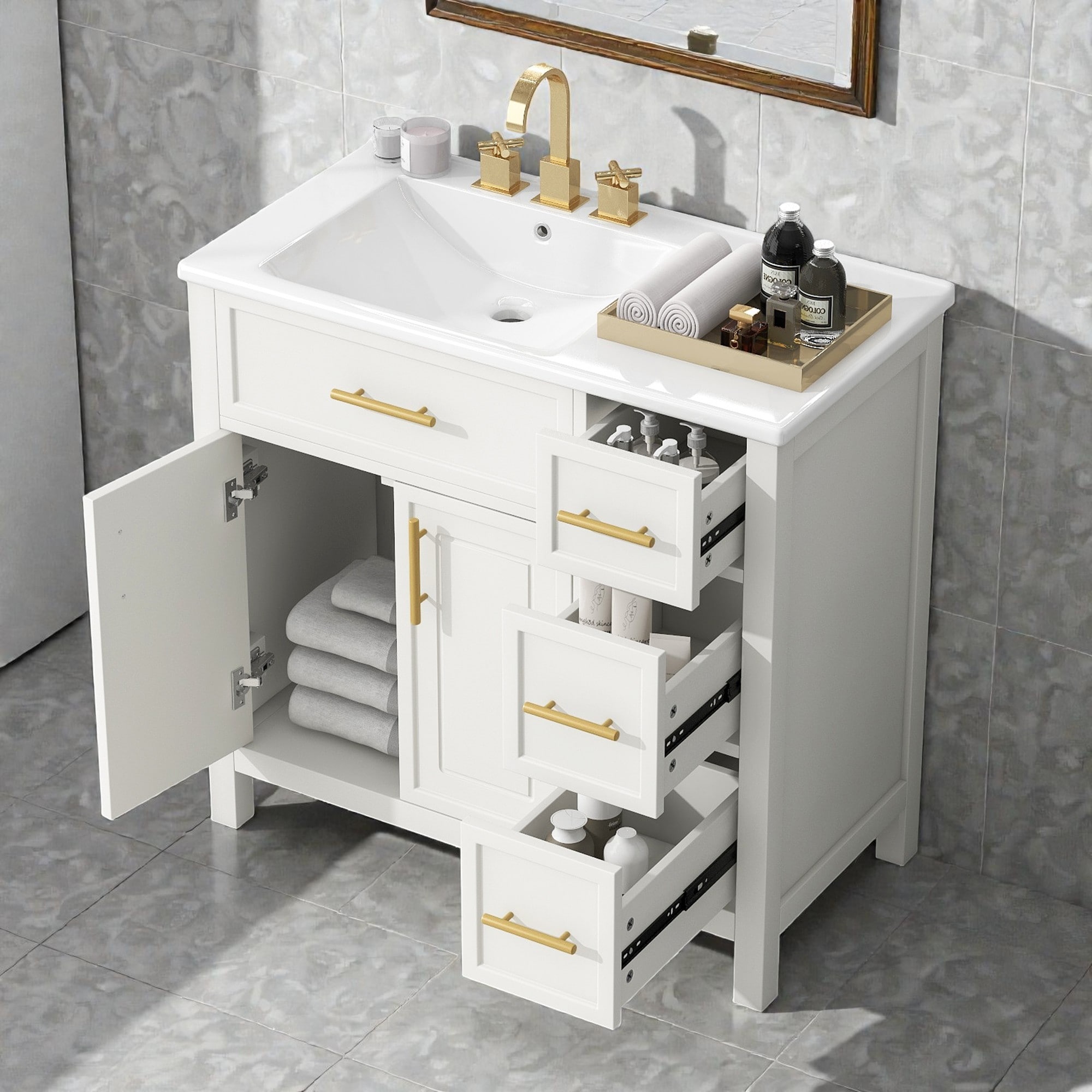 36" Bathroom Vanity with Sink Top, Freestanding Bathroom Cabinet with Two Doors,Three Drawers, Solid Wood & MDF Construction