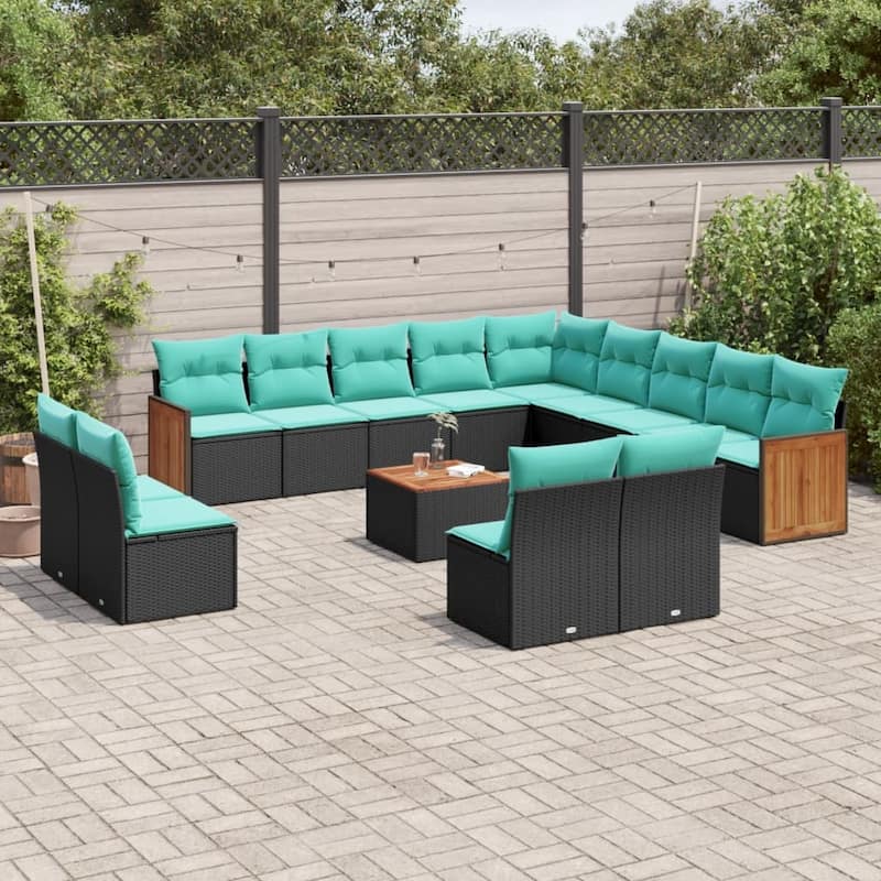vidaXL 13 Piece Patio Sofa Set with Cushions Black Poly Rattan - 21.7x27.2x24.4-With table