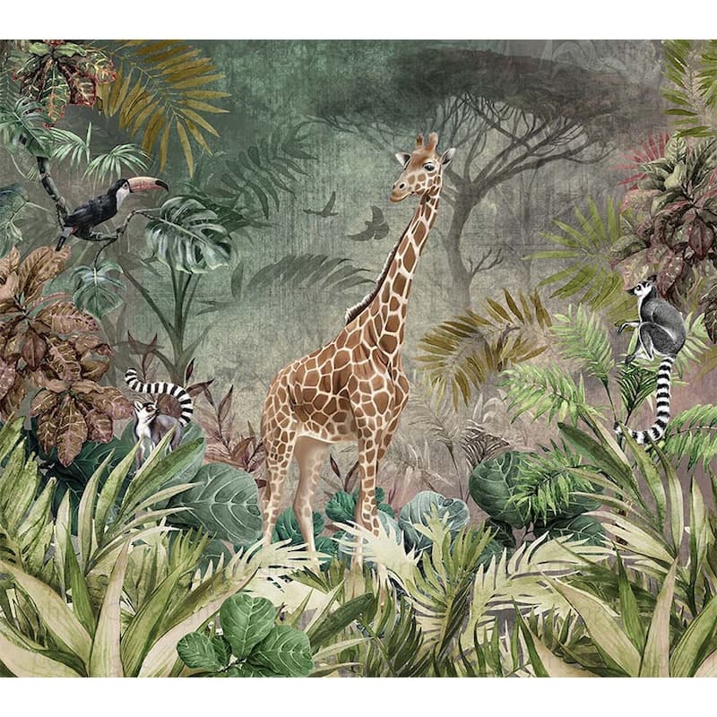 Enchanting Safari Wallpaper Mural Giraffe and Lemurs - Green - W:122" x H:110"