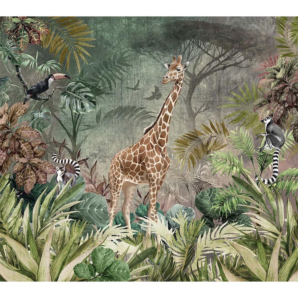 Enchanting Safari Wallpaper Mural Giraffe and Lemurs