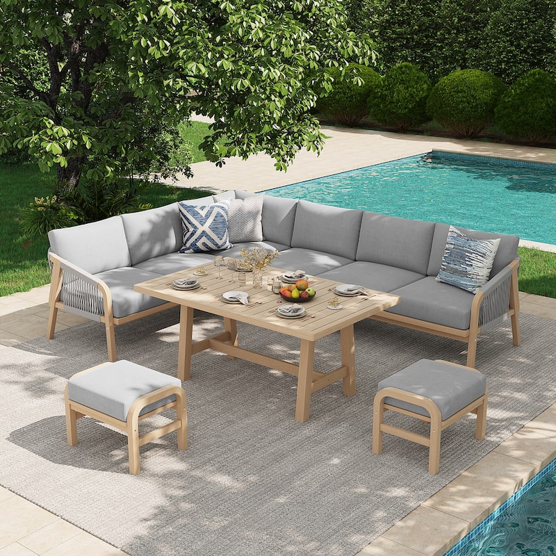 Outdoor Sectional Sofa Set 6-Piece Acacia Wood L-Shaped Corner Sofa Set with Dining Table & Ottoman