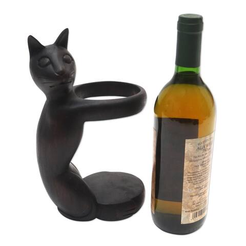 Novica Handmade Black Cat Hug Suar Wood Wine Holder