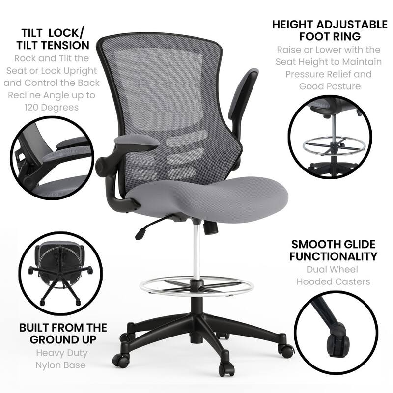 Mid-Back Ergonomic Drafting Chair with Adjustable Foot Ring and Flip-Up Arms