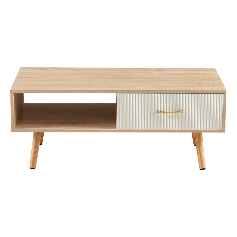 Rectangle Coffee Table with Solid Wood Legs, Sliding Drawer for Storage, Modern Table for Living Room