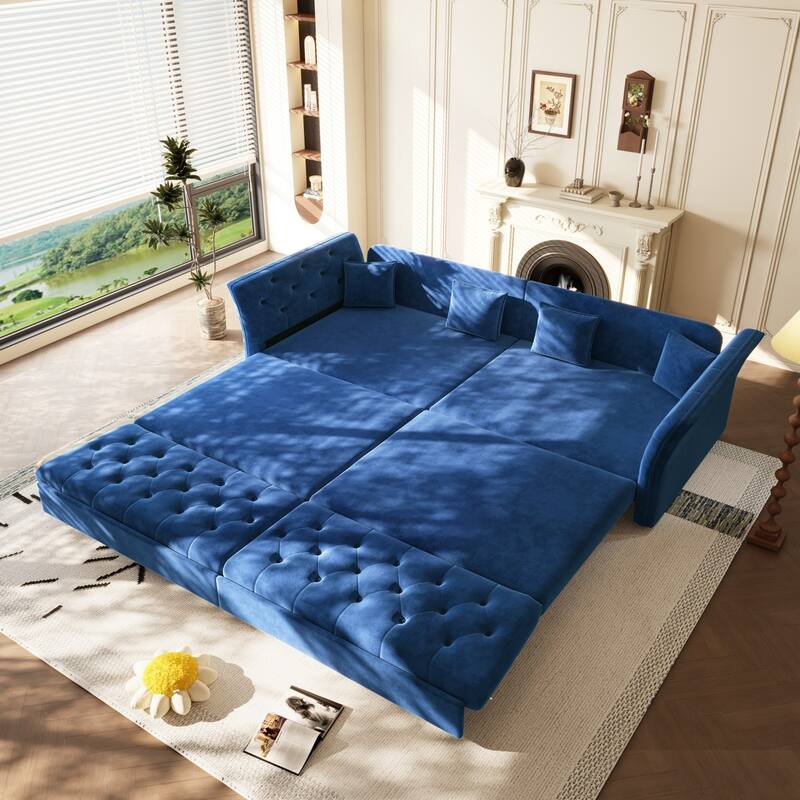 100" Velvet Convertible Sofa Bed with with Fabric Flower Tufted Design