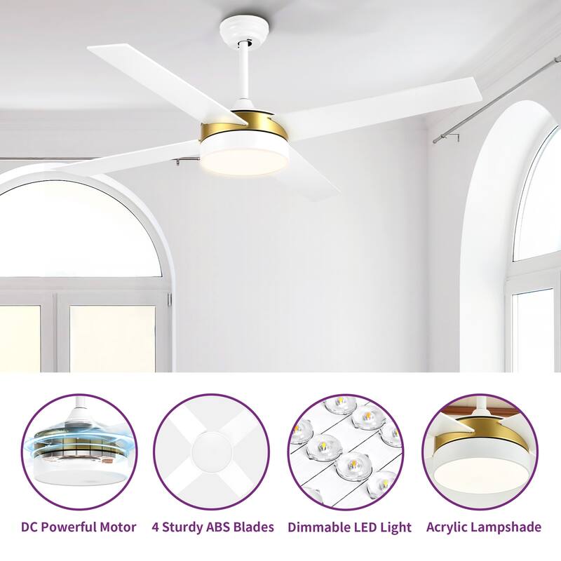52 Inch White Gold Ceiling Fans with Light and Remote