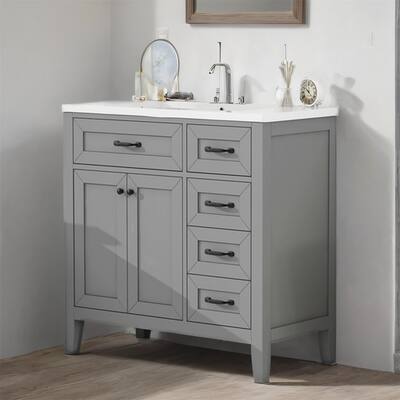 36" Bathroom Vanity with Ceramic Sink & Drawers - Solid Frame & MDF