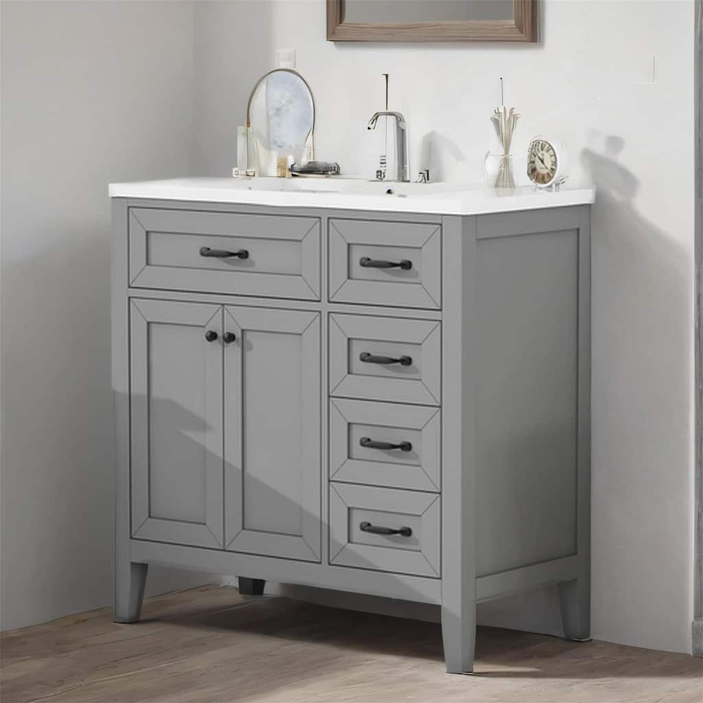 36" Bathroom Vanity with Ceramic Sink & Drawers - Solid Frame & MDF