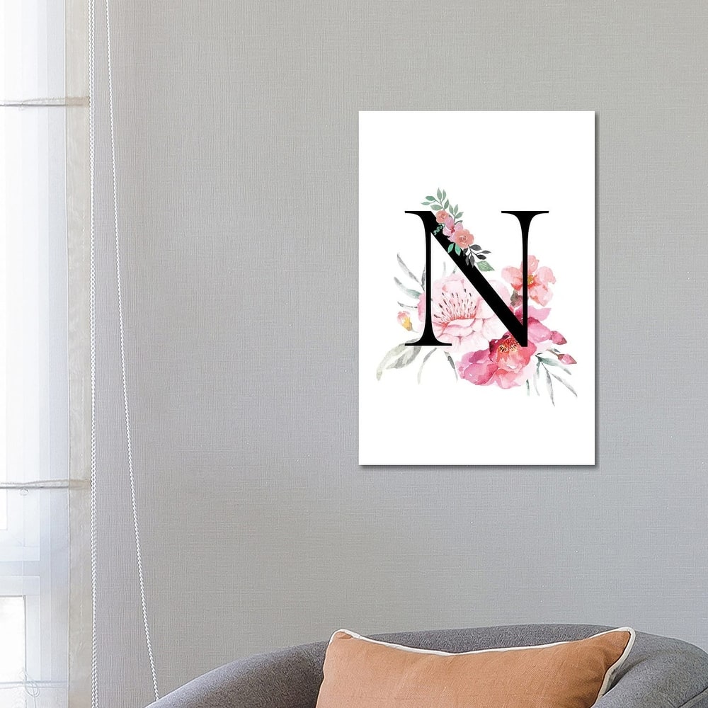 iCanvas "'N' Initial Monogram With Watercolor Flowers" by Design Harvest Canvas Print
