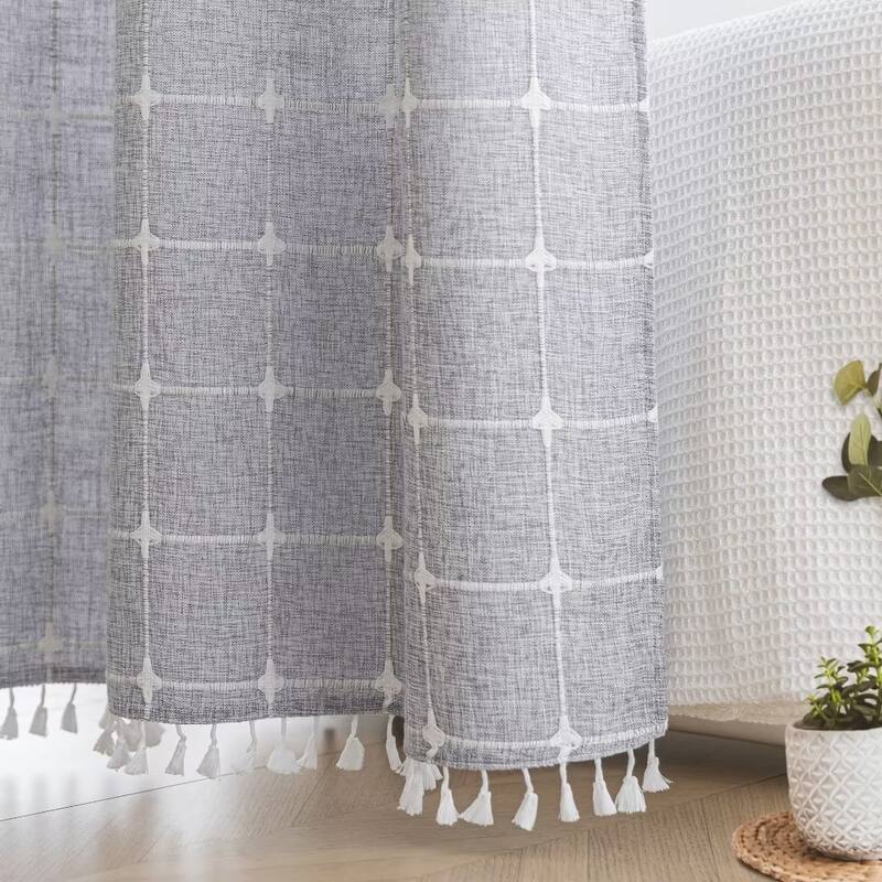 No Hook Geometric Tassels Shower Curtain with Snap-in Liner
