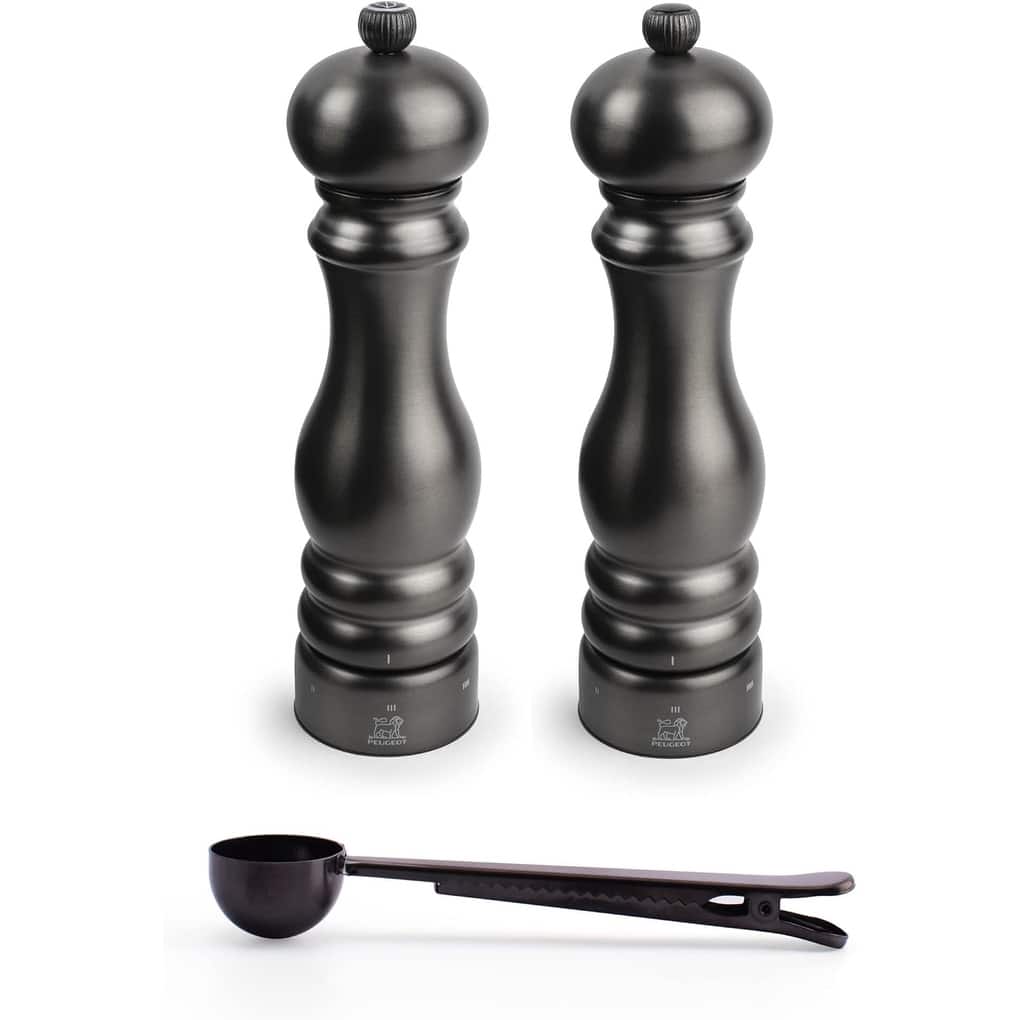 Paris Chef Carbone u'Select Stainless Steel 22cm 9 inch Salt & Pepper Mills Gift Set, Carbon Finish - With Stainless Steel