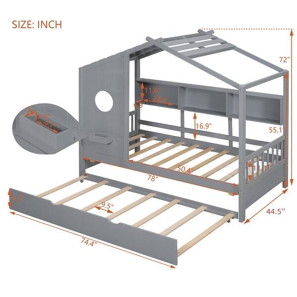 Twin Size House Bed with Trundle and Storage Shelves, Wooden Frame with Roof Design for Kids