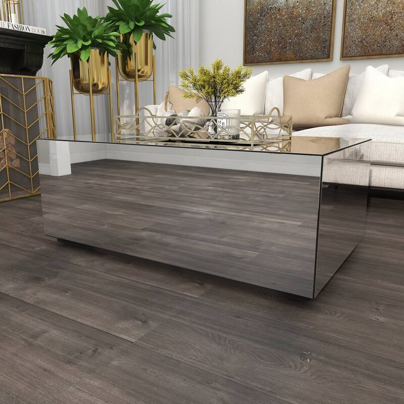 Silver Glass Mirrored Rectangle Living Room Coffee Table with Elevated Base