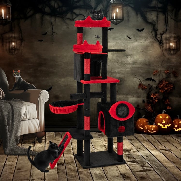 Black and Red Gothic Cat Tree Tower with Condos Perches Hammock and Scratching Posts Multi Level Cat