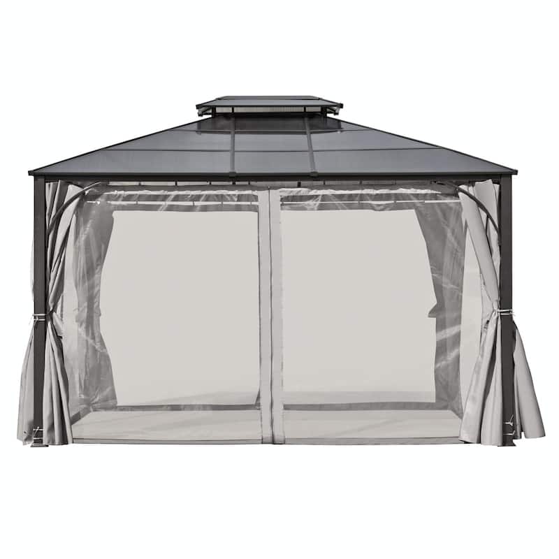 10'x12' Heavy Duty Hardtop Gazebo with Aluminum Frame, Mosquito Netting & Privacy Curtains