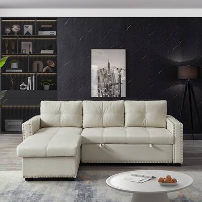 88'' Microfiber Convertible 3 Seater Sofa Bed with Storage Chaise, Pull-Out Bed, High-Quality Sponge Cushion
