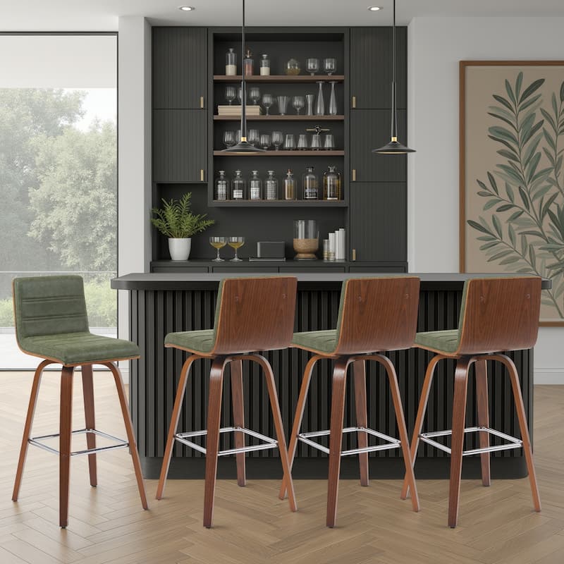 Skara Swivel Bar Stool, Upholstered Bar Height Chair with Bentwood Frame - Vintage Green Faux Leather & Walnut - Set of 4