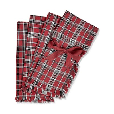 Winter Sketches Red and Black Plaid Cotton Napkin with Fringe Set Of 4 Red - 20 x 20