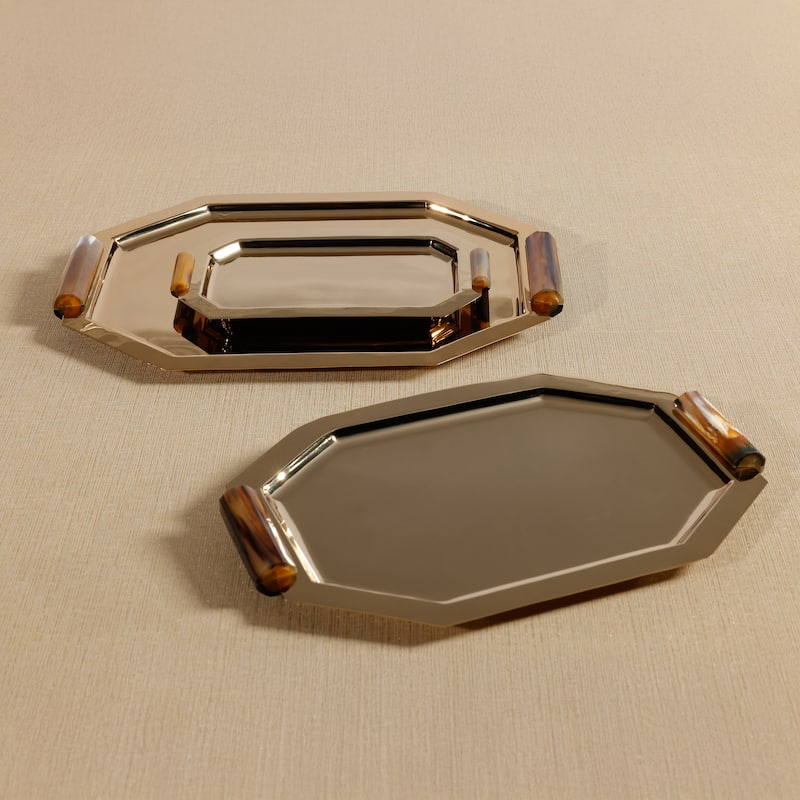 Polished Octagon Metal Serving Trays with Horn Handles