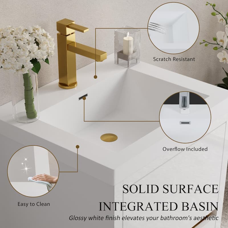 24" Freestanding Bathroom Vanity with Sink, Stone Resin Countertop, Soft Close Drawers, Glossy White Finish