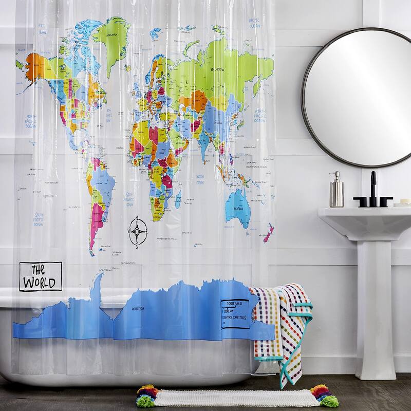 The World Shower Curtain, Multi 70"x72", Global Map Design