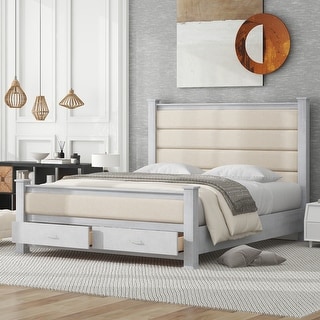 Queen Platform Bed with Upholstered Headboard & 2 Drawers - Antique White