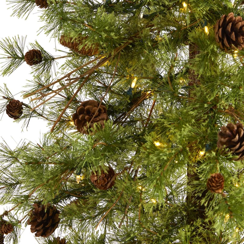 7ft Artificial Christmas Tree with Lights & Pine Cones - Holiday Decor, Slim Profile, Easy Setup - Green - 84