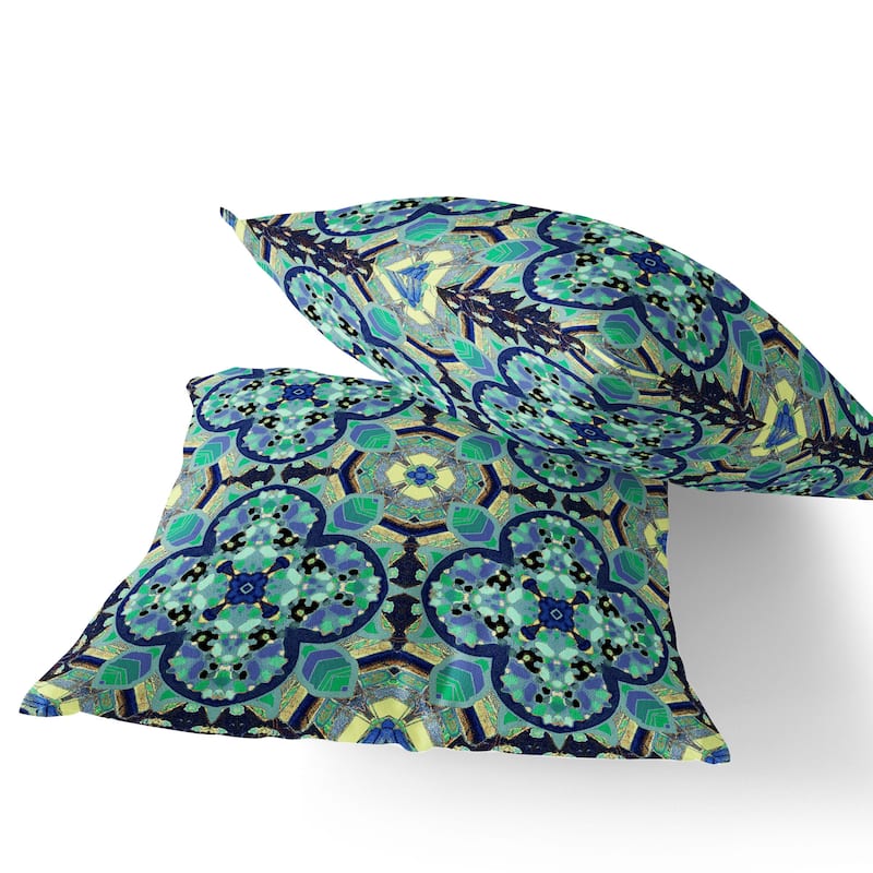 HomeRoots Set of Two 16" X 16" Blue and Green Blown Seam Floral Indoor Outdoor Throw Pillow - 16.00' X '16.00' X '5.00